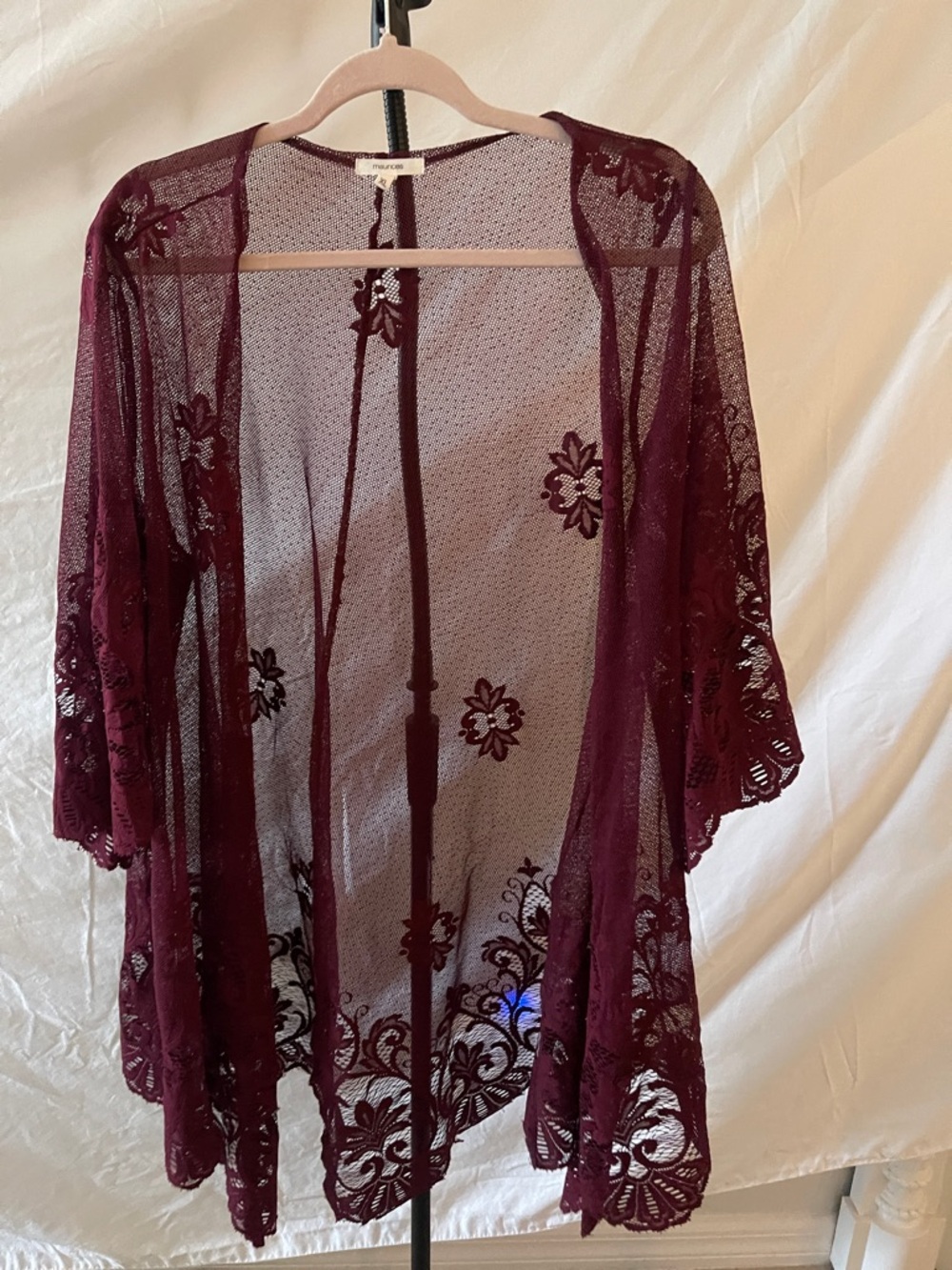 Maurices Burgundy Sheer Floral Lace Kimono